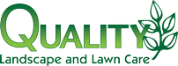 Quality Landscape and Lawn Care logo featuring bold green typography with a stylized plant graphic integrated into the design.