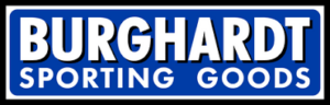 Burghardt Sporting Goods logo featuring a bold blue rectangular background with white and black text