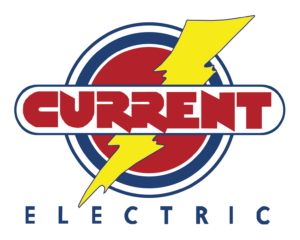 Current Electric logo featuring bold red and white text with a yellow lightning bolt over a red and blue circular background